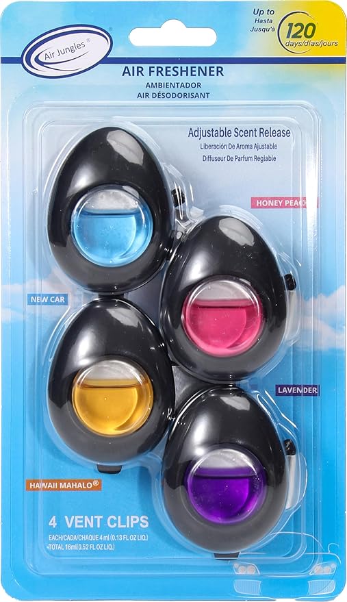 Air Jungles Car Air Freshener Vent Clip 4 Count, 4 ml Each, Long-Lasting Car Odor Eliminator, Up to 120 Days Freshness for Auto, Truck, Home