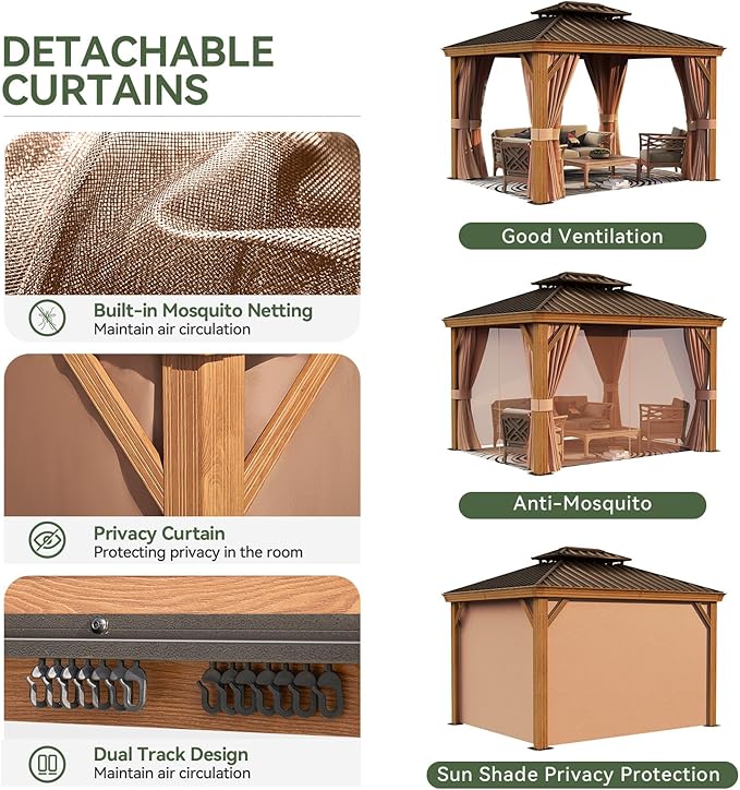 Aoxun 10' x 12' Hardtop Gazebo, Wooden Finish Coated Aluminum Frame Canopy, Galvanized Steel Double Top, Outdoor Permanent Metal Pavilion with Curtains and Netting, for Backyard, Patio and Deck