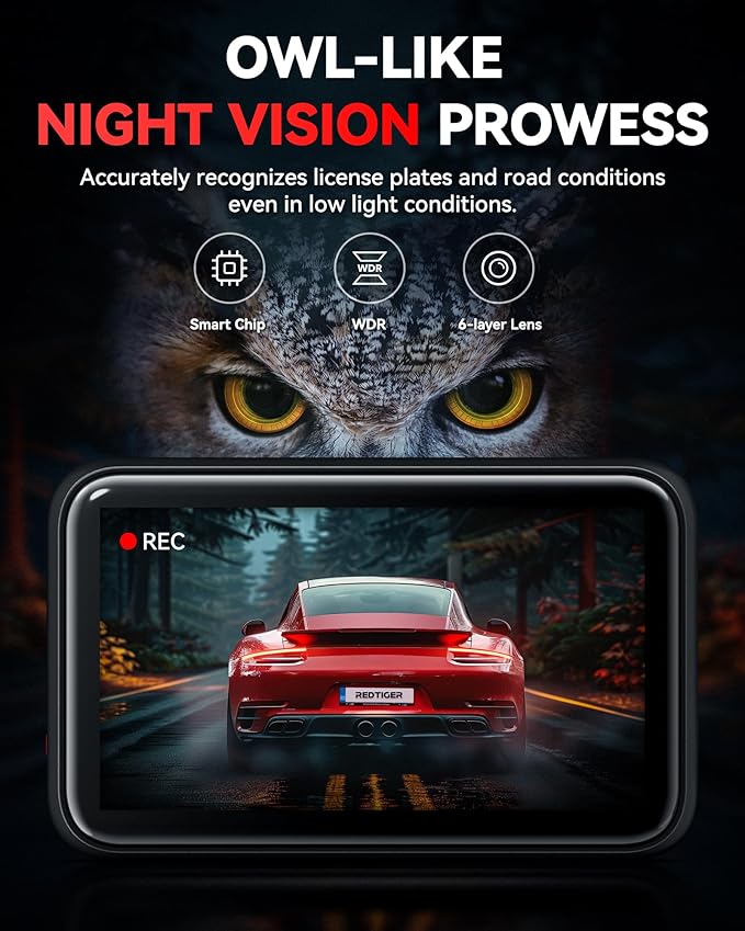 REDTIGER F4 4K Dash Cam Front, 2.2 inch Mini Car Camera, 2160P UHD Touch Screen, Voice Control, Included 32GB Card, Night Vision, Built-in GPS, WiFi APP Control, Loop Recording, 24H Parking Monitor