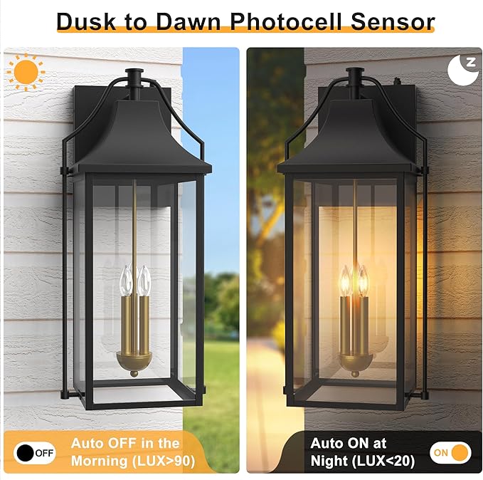 𝟮𝟱-𝗜𝗡𝗖𝗛 Outdoor Wall Lights Fixtures, Large Size Dusk to Dawn Waterproof Exterior Lanterns, Modern Porch Sconce Wall Mounted with Glass, Black Outside Lights for House Patio Front Door