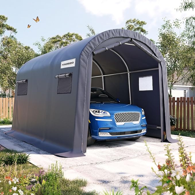 KING BIRD 10' x 15' Heavy Duty Round Style Carport with Roll-up Ventilated Windows Car Tent Carport Tent Outdoor Instant Garage Car Canopy with Reinforced Ground Bars