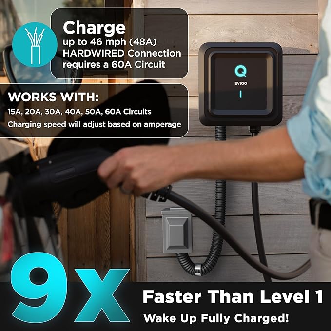 EVIQO EV Charger Level 2-48 Amp Level 2 EV Charger Hardwired, 240V Electric Vehicle Charging Stations, J1772 Chargers 11.5kW, Wall EV Chargers for Home, EVSE EV Charging Station 25' Cord