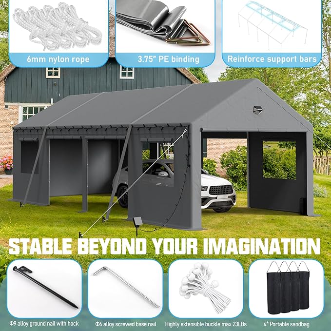 13x25 Carport, Heavy Duty Carport Canopy Garage with Removable Sidewalls and Drive Through Roll Up Zipper Doors & Side Doors, Grey