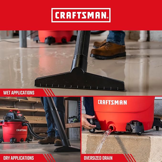 CRAFTSMAN CMXEVBE18595 16 Gallon 6.5 Peak HP Wet Dry Vac, Heavy-Duty Shop Vacuum Wet and Dry with Filter, 4 Dust Bags, Hose and Attachments for Home Projects & Renovations