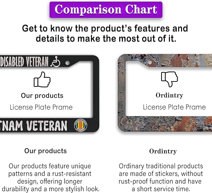 License Plate Frames Black and White License Plate Covers Disabled Vietnam Veteran Universal Aluminum Car Accessory 2 Pack with Screw Covers Set