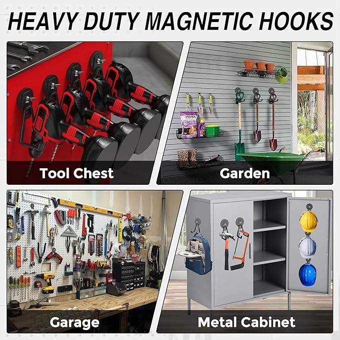 4Pcs Heavy Duty Storage Magnetic Utility Hooks Large Garage Strong Extra Magnet Hooks Hanger with Anti-Slip Coating Heavy Duty Magnetic Hooks for Hanging Power Dril Garage Garden Tools Black