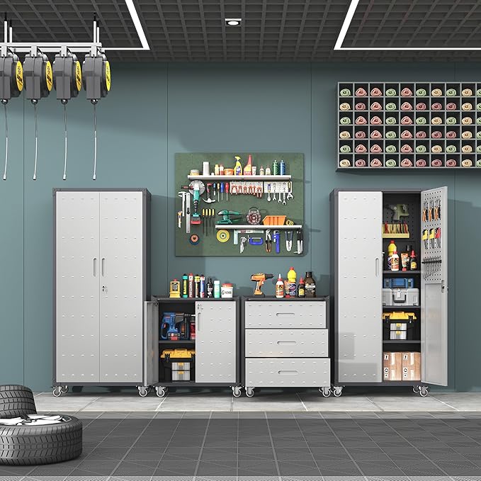 Metal Tool Cabinet,Garage Storage Cabinet System,Wall Cabinet & Locking Rolling Tool Cabinet with Doors and Adjustable Shelves,Steel Tool Cabinets for Home,Office (4 Pcs-StyleA, Black & Grey)