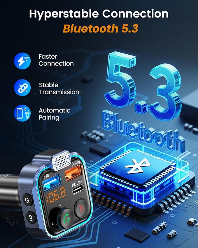 LENCENT FM Transmitter in-Car Adapter, Type-C PD 20W+ QC3.0 Fast USB Charger, Wireless Bluetooth 5.3 Radio Car Kit, Hands-Free Calling, MP3 Player Receiver Hi Fi Bass, Support U Disk