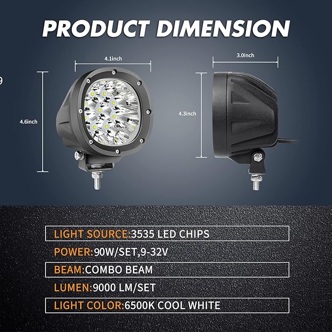 YCHOW-TECH 2PCS 4 Inch LED Fog Lights 90W White Round Offroad Light Bar Flood Beam Off Road LED Pods Bumper Ditch Lights Driving Work Light for Truck Boat Pickup ATV UTV SUV