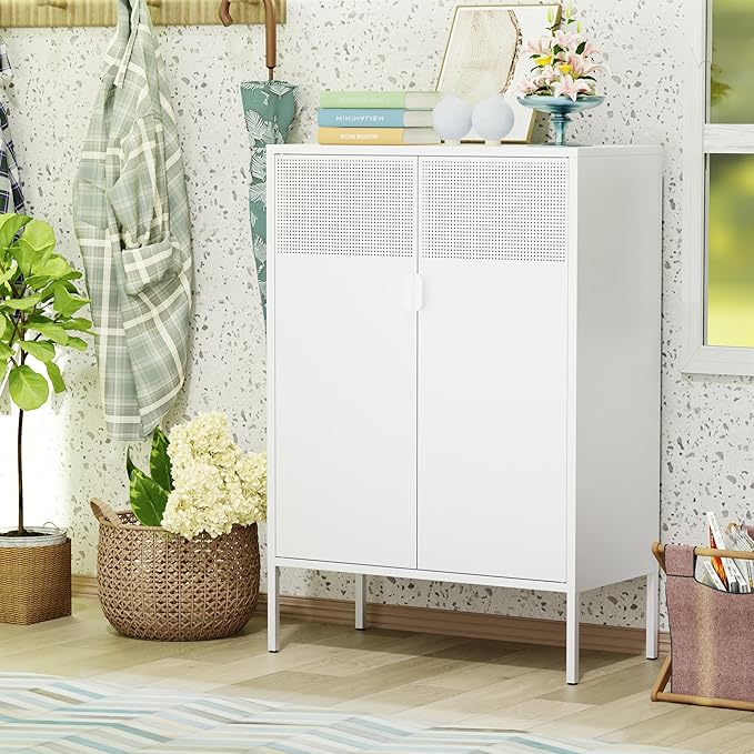 2 Mesh Door Metal Storage Cabinet with Adjustable Shelves, Multipurpose White Storage Cabinet, 3-Tier Office Cabinet,Metal Storage Cabinet for Office Home,Hallway (White, 47''H)