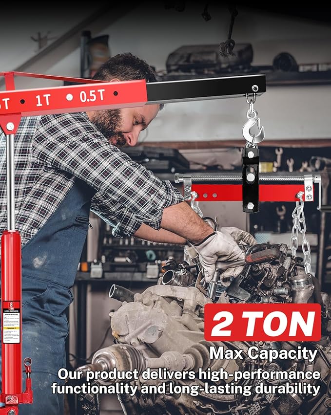 2-Ton Folding Engine Hoist with Lever, Hydraulic Shop Crane with 6 Swivel Wheels & Adjustable Boom (0.5T-2T), Heavy-Duty Cherry Picker for Garage, Workshop, Truck, Farm (Net Wt. 168 lbs)