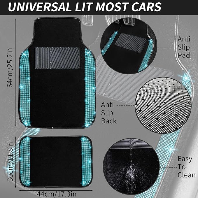NBTEPEM Aquamrine Bling Car Floor Mats Full Set, Universal Fit Most Cars,SUV, Trucks, 4 pcs Sparkle Glitter Diamond Carpet for Women Girls with Anti-Slip Pad (Aquamrine Diamond)