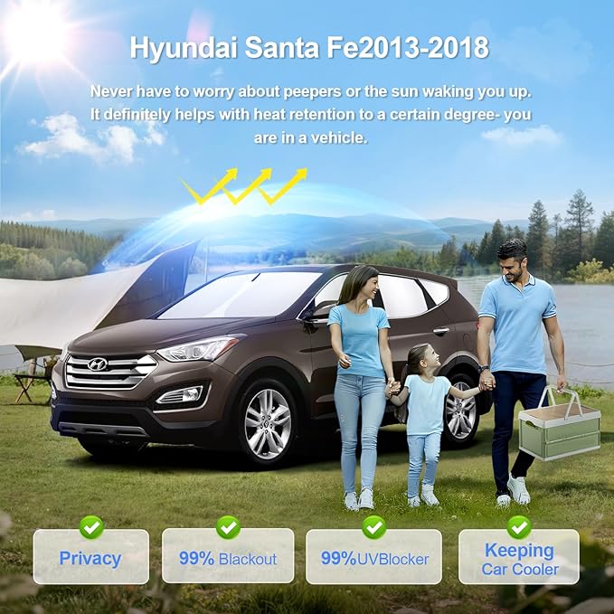 8pcs Car Window Shades for Hyundai Santa Fe 2013-2018 Accessories,Windshield Side Rear Full Sunshade,Sun Visor UV Blocking, Privacy Protection and Blackout for Camping Outdoor