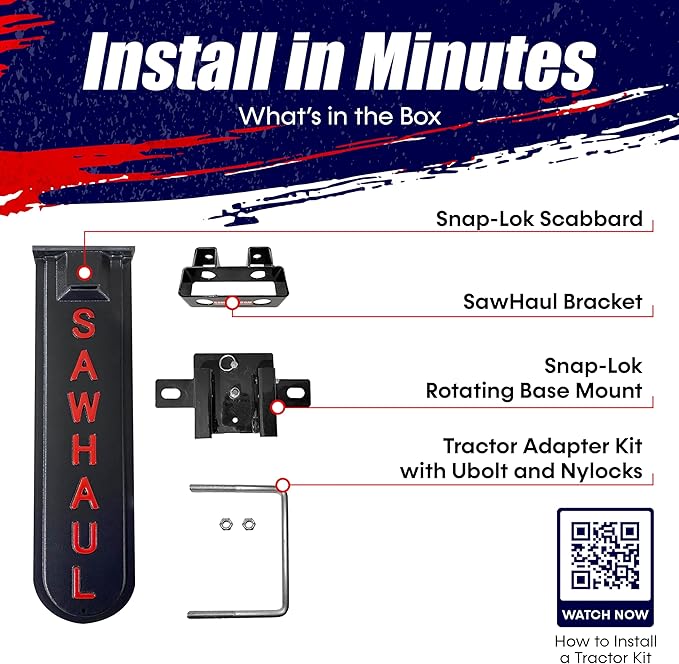 SawHaul Snap-Lok Universal Chainsaw Carrier Kit for Tractors and Skid Steers – 20 Inch Red Scabbard with Rotating Mount – Compatible with All Chainsaw Brands – Made in USA