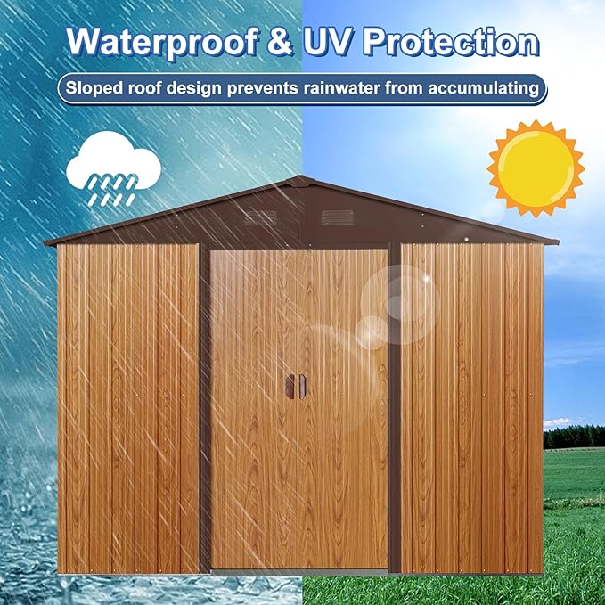 6x8 FT Outdoor Storage Shed, Metal Garden Shed with Frame Floor, Outside Tool Shed with Lockable Sliding Doors, Waterproof Storage Building with Sloped Roof for Backyard, Patio, Lawn, Coffee