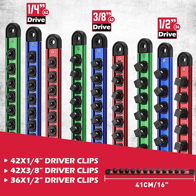 Magnetic Socket Holder Organizer Set: 9-Piece Detachable 1/4, 3/8, 1/2 Socket Trays Socket Organizer for Tool Box Drawer Holds 120-Piece Standard Size Sockets for Automotive Garage(Blue Red Green)