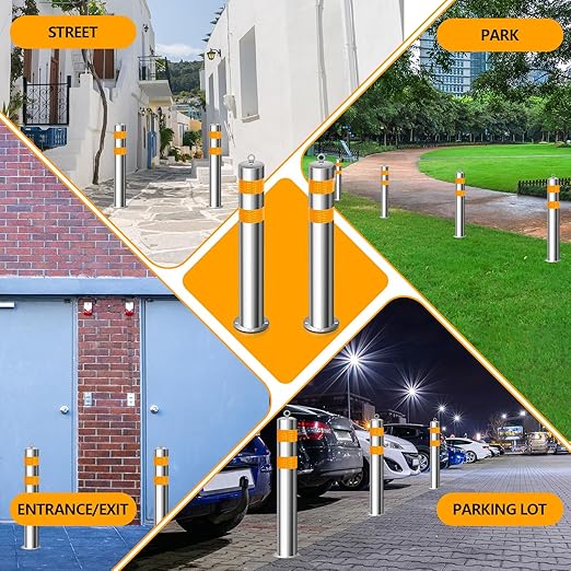 31.5 Inch Stainless Steel Bollard Post with Anchor Bolts Parking Barrier Block Safety Bollard Covers with Reflective Strips and Hanging Ring for Parking Lots Driveways Garage Pathways(4 Pcs)