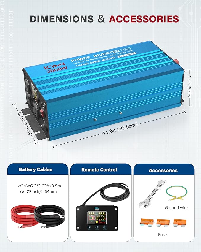 2000 Watt Inverter Pure Sine Wave DC 12V to 110V AC Power Inverters with 3 AC Charger Outlets, Car Inverter Solar Power Inverters for Vehicles Home with LCD Display and 2.4A USB Charging Ports
