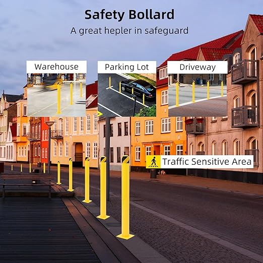 4-Pack Heavy Duty Safety Bollards, 48" Height, 4.5" Diameter Steel Pipe Bollard Post with 16 Anchor Bolts, High-Visibility Yellow Parking Bollard for Traffic Control, Warehouses, & Pedestrian Safety