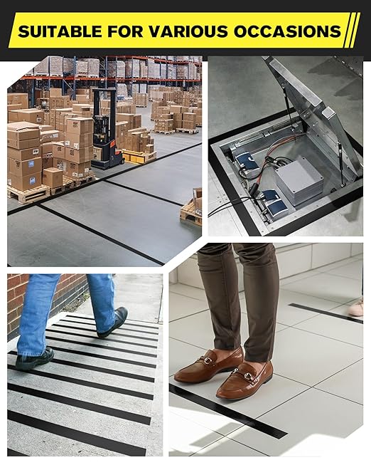 Floor Marking Tape,2 in x 108 FT Strong Adhesive Caution Tape,High Durability Warning Safety Tape for Indoor/Outdoor - Warehouses,Factories,Parking Lots,Retail Locations,Black,3 Rolls