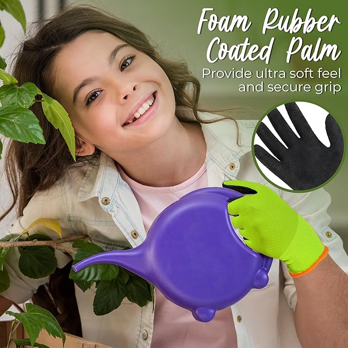 HANDLANDY 2 Pairs Kids Gardening Gripper Gloves, Foam Rubber Coated Children Toddler Garden Yard Work Outdoor Playing Gloves for Girls Boys (Size L)