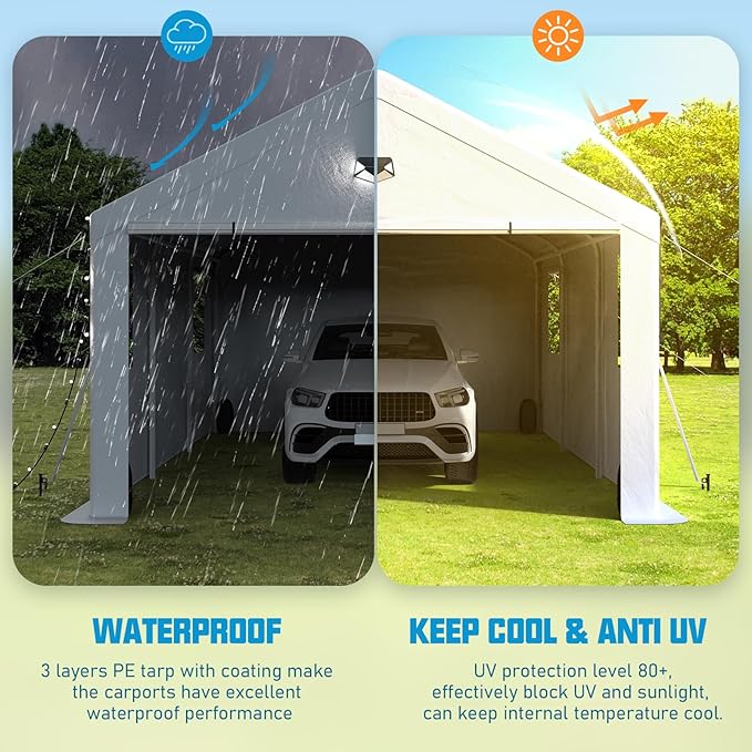 13x25 Carport Canopy, Heavy Duty Car Port, Portable Car Ports Garage with 2 Roll-Up Zipper Drive Through Doors, White