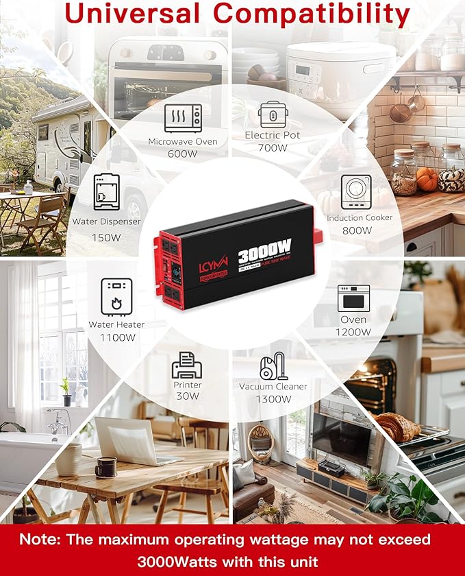 3000 Watts Pure Sine Wave Power Inverter 24V DC to 110V 120V AC Converter for Home RV Off Grid Truck Solar System Inverters with Type-C PD30W USB QC3.0 Port 4 AC Outlets LCD Display and Remote Control