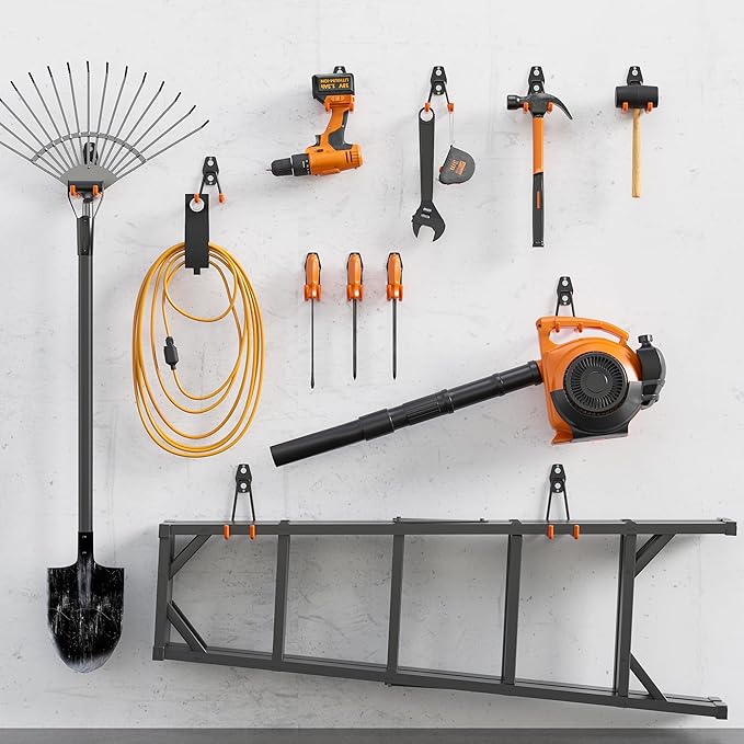 BONTEC Heavy Duty Garage Hooks, Anti-Slip Coated Black Steel with Strong Load Capacity, Multi-Sized U and J Hooks, Easy Wall Mount for Garage, Garden, Workshop (Orange, 14 Pack)