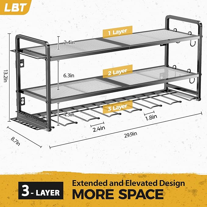 LBT Power Tool Organizer Wall Mount - 3 Layer Heavy Duty Tool Storage Rack with 7 Cordless Drill Holders, Loads 160Lbs Utility Rack for Garage, Workshop, Shed - Cool Gifts for Men, Dad, Husband