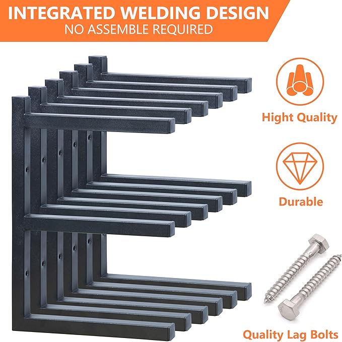 Wood Storage Racks with 3 Level, Garage Organizer Lumber Storage Rack Wall Mounted, Workshop Organizers Wood Wall Shelving, Lumber Metal Racks for Garage, Basement, Indoor and Outdoor (Black, 6 Pack)