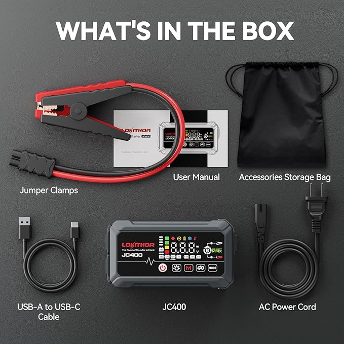 JC400 9-in-1 Battery Charger and Jump Starter, 2500A 12V Portable Jump Box for Car Upto 8.5L Gas/6.5L Diesel, 750mA/1A/2A, 6V/12V Automotive Battery Maintainer, Trickle Charger and Desulfator