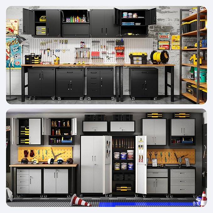 Metal Tool Cabinet,Garage Storage Cabinet System,Wall Cabinet & Locking Rolling Tool Cabinet with Doors and Adjustable Shelves,Steel Tool Cabinets for Home,Office (9 Pcs-StyleA, Black & Grey)