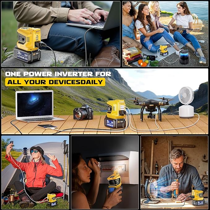 Power Inverter 200W Portable Power Station Generator Compatible with DeWALT 20V,20v to AC 110v,Supply Charger Adapter with Dual USB,AC Outlet and Type-C with 5Ah Battery & Charger Station Kit
