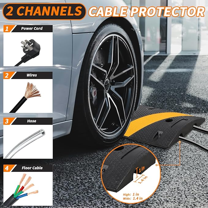 6 Ft Rubber Speed Bump, 2 Pack 2 Channel Modular Heavy Duty Speed Bumps Humps 25000 lbs Load Capacity, Cable Protector Ramp for Asphalt Concrete Gravel Driveway Road