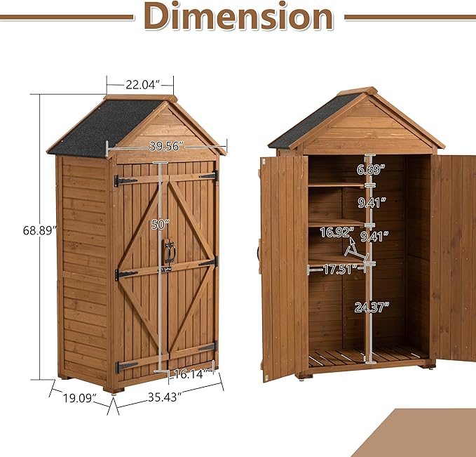 39.56"x 22.04"x 68.89" Outdoor Storage Cabinet with Removable Shelves, Waterproof Roof, and Adjustable Feet - Fir Wood Garden Tool Shed for Yard, Patio, Deck, and Garage,Yellow Brown