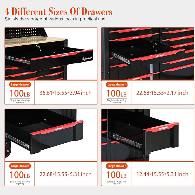 72-Inch Garage Cabinets and Storage System with 19 Drawers Rolling Tool Chest Large Mobile Workbench Heavy Duty Wood Top Tool Cart on Wheels for Garage, Workshop, Warehouse, Laboratory