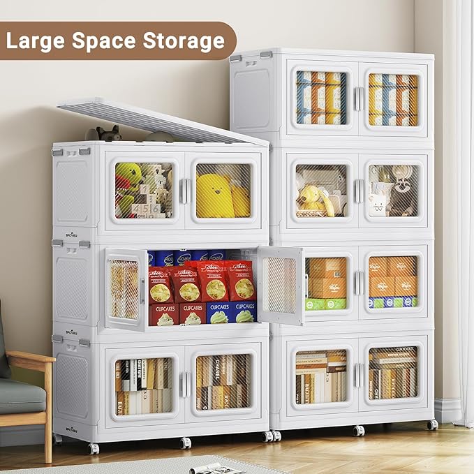 1200 Qt Stackable Storage Bin with Lid, 300Gal Extra Large Collapsible Storage Boxes, Folding Plastic Drawer, Heavy-Duty Store Cabinet, Closet Organizer for Home Kitchen, 4 Pack White