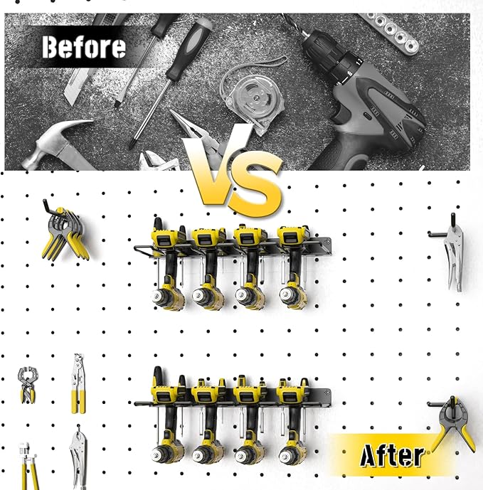 Drill Holder Wall Mount, Power Tool Organizer, Heavy Duty Metal Tool Storage with 8 Drill Racks for Garage Workshop Shed Pegboard Basement, 2 Pcs