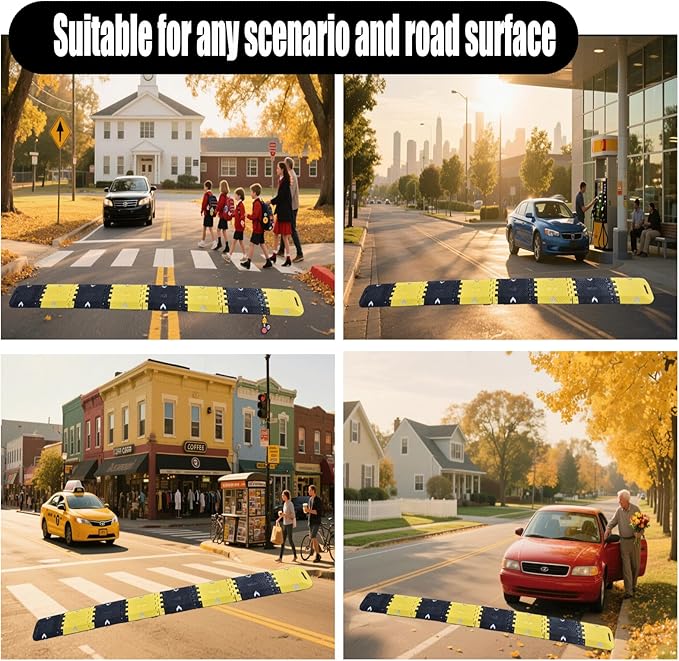 Portable Vehicle Traffic Speed Bump 118"×10"×1"Yellow-Black Reflective Non-Slip No Installation Needed Portable Traffic Speed Bump Parking、Lot Residential Area、Construction Site Speed Limiter