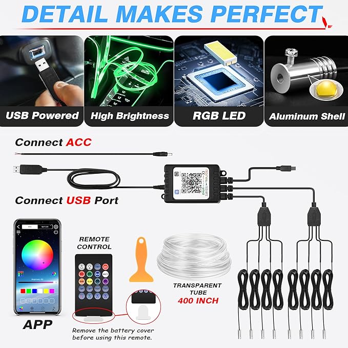 MICTUNING Car LED Interior Strip Light, 8 in 1 RGB Multicolor with 400 inches Fiber Optic Ambient Lighting Kits with Remote and APP Control, Car USB LED Strip Lights with Music Sync Mode