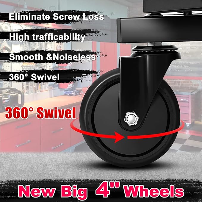 Rolling Stool with Wheels, Adjustable Height Pneumatic Garage Work Mechanic Stool Seat with Backrest, 400 LBS Capacity 360° Swivel Mechanic Crepper Chair with Tool Tray Storage, Pink