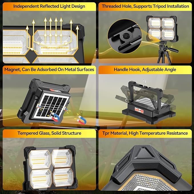 300W Led Work Light Rechargeable,26000MAh Solar Portable Light, 26000LM Magnetic Work Lights, 326 Led Battery Work Lights with Stand 5 Lights Modes IP66 Waterproof for Outdoor Camping Car Repairing