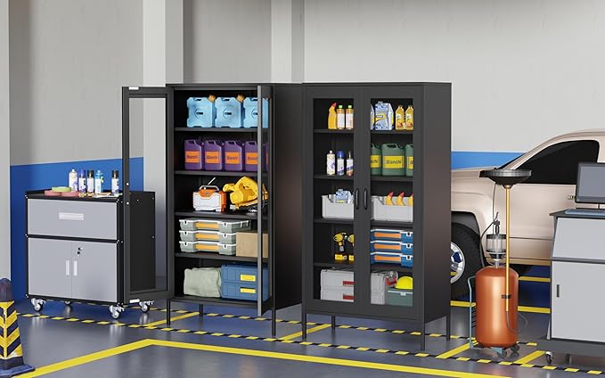 73 '' Metal Garage Storage Cabinet, 2 Doors and 4 Adjustable Shelves, mesh Door Design, can be Used to Store Tools, consumables, Books, etc., for Office, Home, Garage, Gym, School (Black)