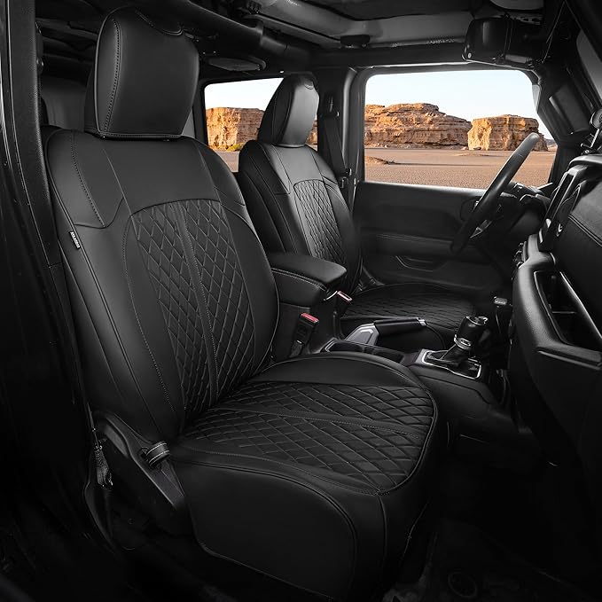for Jeep Wrangler Seat Covers 4Door JL 2018 2019 2020 2021 2022 2023 2024 2025, Custom Fit Car Seat Cover Full Set, Luxury Waterproof Leather Seat Protectors, Black, W/O Rear Cup Holder