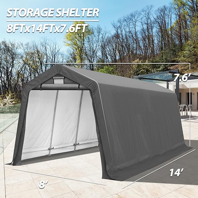 8' x 14' Outdoor Storage Shelter Shed, Portable Storage Shed Heavy Duty Portable Garage with Roll-up Zipper Door for Generator, Vehicles,Motorcycle
