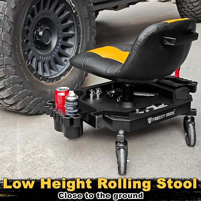 Rolling Stool with Wheels, Adjustable Height Pneumatic Garage Work Mechanic Stool Seat with Backrest, 400 LBS Capacity 360° Swivel Mechanic Crepper Chair with Tool Tray Storage, Yellow