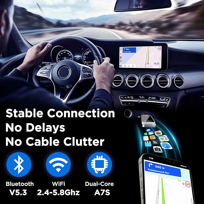 Wireless CarPlay Adapter 2024 Upgrade, Plug and Play, No Latency, Converts Factory Wired to Wireless, Compatible with iPhone 6+ and 2015+ Cars, Bluetooth 2.4GHz and Wi-Fi 2.4+5.8GHz