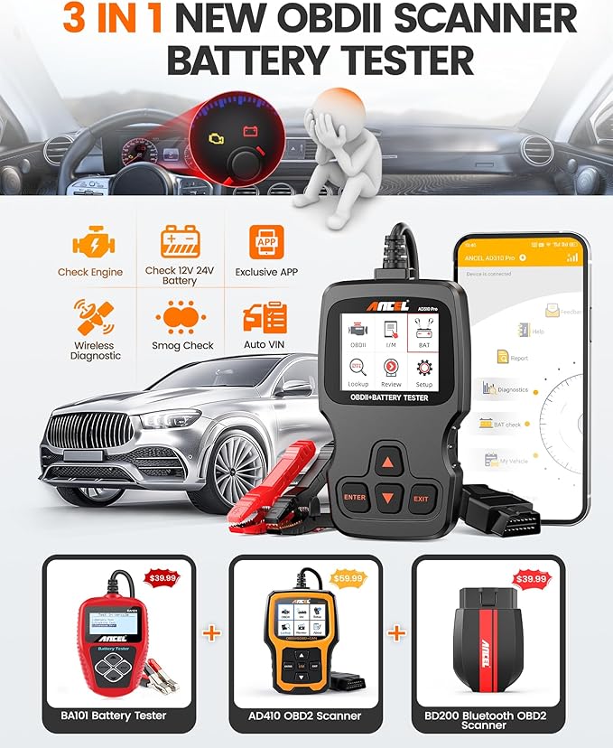 ANCEL AD310 Pro OBD2 Scanner Diagnostic Tool & Car Battery Tester & Bluetooth OBD2 Reader, Check Engine Code Reader for Car with Lights Reset Live Data, 12V 24V Battery Charging/Cranking System Test