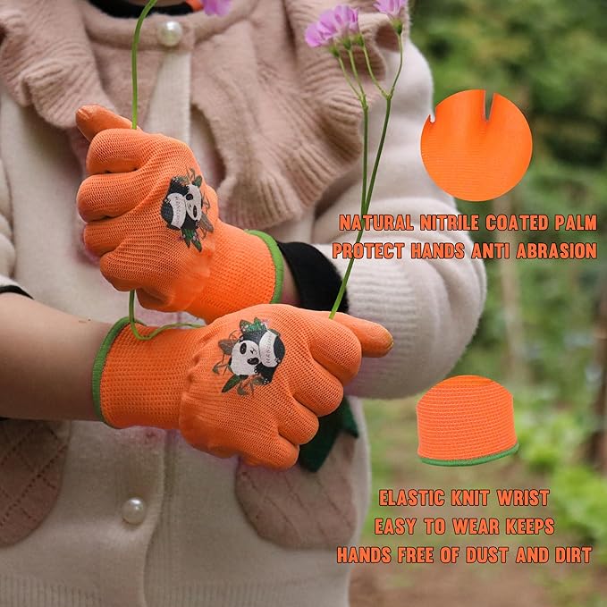 HANDLANDY 2 Pairs Kids Gardening Gloves, Toddler Children Garden Yard Work Outdoor Playing Gloves, Rubber Coating, for Girls Boys Youth (Size S, Orange)