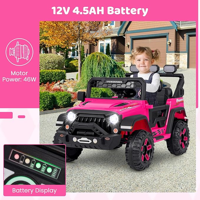 Costzon Kids Ride on Truck, 12V Electric Ride on Car with Remote Control, 3 Speed & Spring Suspension, Wireless Connection, USB, Music, Light, Kids Ride on Toys for Boys Girls (Pink)